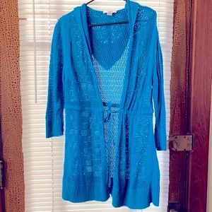 CJ Banks, open knit 3/4 sleeve cardigan with drawstring tie at waist, teal, 1X
